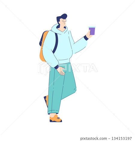 Man Student Character with Backpack and Coffee Engaged in Education and Study Vector Illustration 134153197