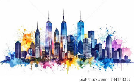 The image showcases a vibrant watercolor-style cityscape featuring iconic skyscrapers and buildings, set against a clean white background with colorful paint 134153302