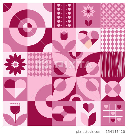 geometric Valentine's Day pattern flat design, featuring abstract simple modern designs with hearts and love use for banner, card, print, fabric, gift wrap, or cover geometric Valentine's Day pattern flat design, featuring abstract simple modern designs with hearts and love use for banner, card, print, fabric, gift wrap, or cover 134153420