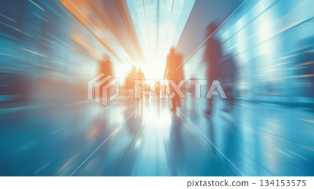 Blurred office interior with businessmen walking and working, showing corporate environment. 134153575