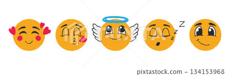 Playful doodle emoticon set featuring colorful round characters with various expressions. Playful doodle emoticon set featuring colorful round characters with various expressions. 134153968