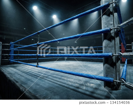 boxing ring is set up in the middle of an arena. The ropes are bright blue and the mat shows signs of wear. The atmosphere is ready for an event. boxing ring is set up in the middle of an arena. The ropes are bright blue and the mat shows signs of wear. The atmosphere is ready for an event. 134154036