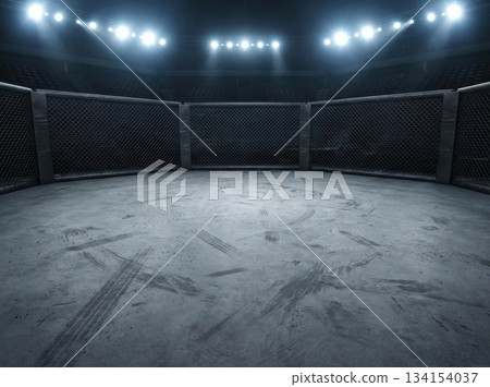 empty octagon stands in a dimly lit indoor arena. The floor shows signs of previous activity. Bright white lights shine above highlighting the space within. empty octagon stands in a dimly lit indoor arena. The floor shows signs of previous activity. Bright white lights shine above highlighting the space within. 134154037