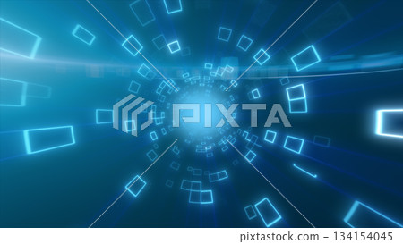 Bright blue digital tunnel with glowing squares spiraling toward a radiant technological core 134154045