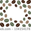 Square vector frame with decorative border of coffee beans in brown and green tones on white Background. Perfect for cafe logos, labels, menu covers, packaging and social media posts. Isolated Vector  134154178