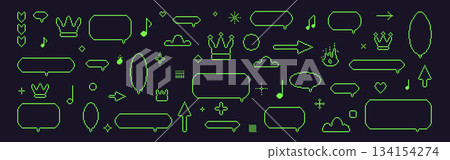 Pixel dialogue boxes. 8 bit retro green speech bubbles outlines set. Game pixel art chat text boxes with crown, music note, arrows. Vector talk frames balloons messages isolated on black background 134154274