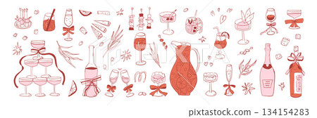 Whimsical coquette bachelorette party doodle. Mediterranean wine girly event hand drawn set. Sangria pitcher, wine, tapas hand drawn mocktail, snack elements. Vector sketch wineglasses, fruit, olive 134154283