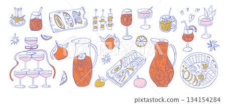Mediterranean spanish cocktail party doodle set. Sangria pitcher, wine, tapas. Whimsical bachelorette parties hand drawn mocktail, snack food elements. Vector sketch wineglasses, fruit, olive scribble 134154284
