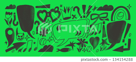 Grunge speech bubble doodle with inverted spanish punctuation mark. Hand drawn charcoal text boxes black frames with scribble set. Crayon flowers, callout textured shapes. Vector crown, stars, arrows 134154288