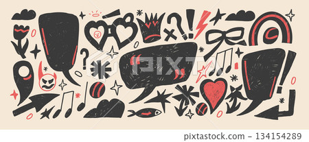 Ink pencil speech bubble shapes. Text box quotation frame crayon. Black and red abstract design for fun layouts. Playful callout clouds marks highlight dialog or thoughts. Hand drawn vector doodles 134154289