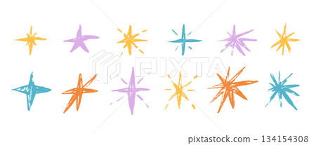 Pastel brush hand drawn stars. Crayon twinkles spark set. Pencil scribble twinkles collection. Kids paint stickers blinks. Christmas childish blue, yellow vector asterisk isolated no background Pastel brush hand drawn stars. Crayon twinkles spark set. Pencil scribble twinkles collection. Kids paint stickers blinks. Christmas childish blue, yellow vector asterisk isolated no background 134154308