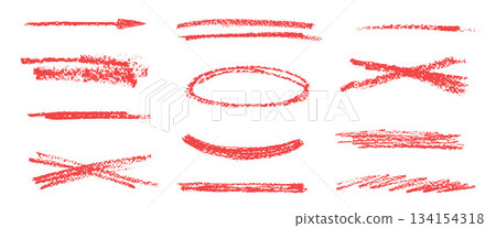 Red underlines crayon. Set of brushstroke pencil text marks lines. Hand drawn grunge textured streak, highlight, emphasis. Chalk arrow, scribble freehand elements. Vector crayon strikethrough isolated 134154318