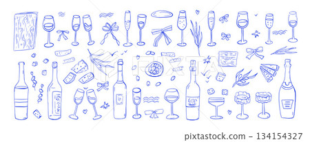 Wine, cheese doodle set. Italian hand drawn mediterranean drinks tasting party. Sketch line drawing cocktail charcuterie scribble whimsical illustration. Vector wineglasses, bottles isolated no bg 134154327