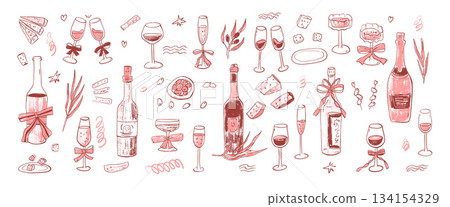 Coquette bachelorette party set. Wine, cheese, bow doodles. Whimsical hand drawn mediterranean drink tasting. Sketch girly line cocktail scribble illustration. Vector wineglasses isolated Coquette bachelorette party set. Wine, cheese, bow doodles. Whimsical hand drawn mediterranean drink tasting. Sketch girly line cocktail scribble illustration. Vector wineglasses isolated 134154329