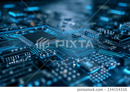 中央處理器與電子電路板特寫 | 採用尖端科技材料，醒目的藍色電線 134154338