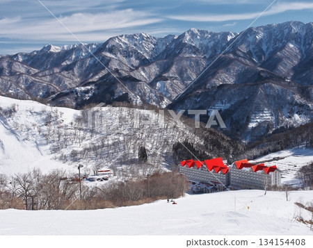 View of Hakuba Cortina Ski Resort from Satomi Central Slope at Hakuba Norikura Onsen Ski Resort 134154408