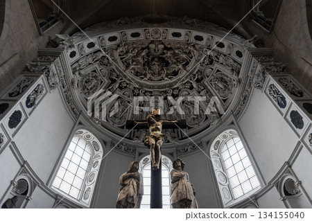 Interior view High Cathedral ceiling Saint Peter german Trier Dome. Architecture detail ornament sculptures angels saints ornate floral motifs radial composition. 134155040