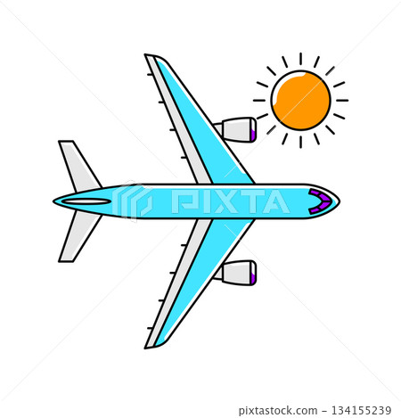 Airplane with sun icon. Air travel and tourism item. Airplane with sun icon. Air travel and tourism item. 134155239