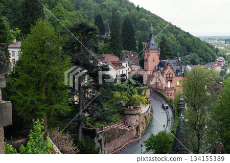 Scenic small castle lush hillside Heidelberg surrounds charming historic buildings winding road lead past ornate brick tower. Fresh greenery light peaceful atmosphere overlooking scene valley town Scenic small castle lush hillside Heidelberg surrounds charming historic buildings winding road lead past ornate brick tower. Fresh greenery light peaceful atmosphere overlooking scene valley town 134155389