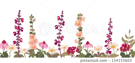 Single flat decorative border strip with minimalist garden flowers. Vector illustration to frame invitations, stationery or enhance design projects. 134155603
