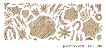 Abstract collage scrap cutouts background. Geometric and organic figures set. Music note, stars, arrows, heart doodle stickers with crayon drawn textures. Vector graphic illustration isolated no bg 134155906