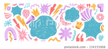 Kids crayon background. Geometric and abstract figures hand drawn kindergarten scribbles set. Music note, lightning, arrows school scrap stickers. Vector doodle cutout illustration no background 134155908