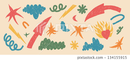 Hand-drawn crayon scribble shapes and abstract geometric figures. Playful collage stickers. Colorful blobs, stars, arrows, and doodles form a funky design set. Vector modern geometry isolated on beige Hand-drawn crayon scribble shapes and abstract geometric figures. Playful collage stickers. Colorful blobs, stars, arrows, and doodles form a funky design set. Vector modern geometry isolated on beige 134155915