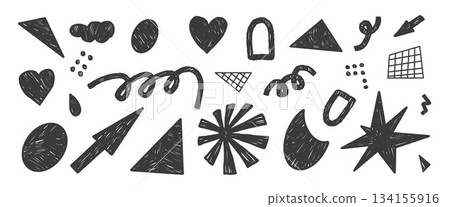 Chalk kids geometric doodle elements shapes. Playful kindergarten triangles, stars, squiggle, grid abstract elements. Funky black sticker figures, pencil strokes and childish doodle for vector design Chalk kids geometric doodle elements shapes. Playful kindergarten triangles, stars, squiggle, grid abstract elements. Funky black sticker figures, pencil strokes and childish doodle for vector design 134155916