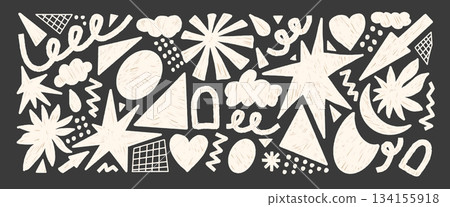 Chalk kids geometric doodle elements shapes. Playful stars, flower, grid abstract kindergarten elements. Funky retro sticker figures, white pencil strokes, and childish doodle for vector design Chalk kids geometric doodle elements shapes. Playful stars, flower, grid abstract kindergarten elements. Funky retro sticker figures, white pencil strokes, and childish doodle for vector design 134155918