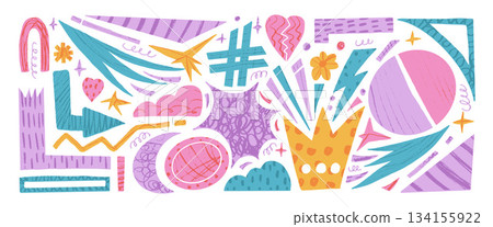 Abstract geometric collage scrap cutouts background. Freeform figures set. Semicircles, stars, cloud, arrows, heart doodle stickers with crayon textures. Vector graphic illustration isolated no bg Abstract geometric collage scrap cutouts background. Freeform figures set. Semicircles, stars, cloud, arrows, heart doodle stickers with crayon textures. Vector graphic illustration isolated no bg 134155922