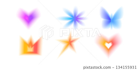 Heart, flower y2k gradient icon. Gradation colors shapes. Butterfly, crown blur simple elements. Soft smooth retro figures. Blurry gradient textured. Vector illustration on transparent background Heart, flower y2k gradient icon. Gradation colors shapes. Butterfly, crown blur simple elements. Soft smooth retro figures. Blurry gradient textured. Vector illustration on transparent background 134155931