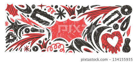 Bang text box, crayon abstract geometric cutout shapes background set. Geometry, organic freeform mixed media naive hand drawn figures. Stars, arrows, heart shape collage stickers. Vector illustration 134155935