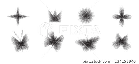 Y2k simple icons with grain noise gradient. Retro black stippling crown, star, butterfly forms set. Halftone gradation figures isolated on white background. Vector dotworks gritty shapes illustration Y2k simple icons with grain noise gradient. Retro black stippling crown, star, butterfly forms set. Halftone gradation figures isolated on white background. Vector dotworks gritty shapes illustration 134155946