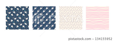 Pigeons seamless patterns collection. Folk birds motif background set. Dove of peace flying repeat background. Vector hand drawn flat doves print illustrations. Allover seeds and irregular stripes bg 134155952