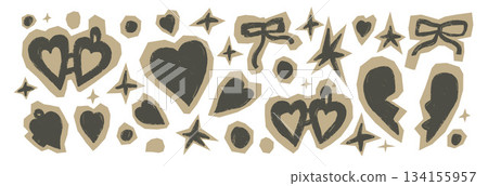 Paper hearts cutout with texture crayon for a scrapbook or love theme. Collage has a torn heart stickers and a cut icon in a locket shape. Ideal for valentine crafts and journal note backgrounds 134155957