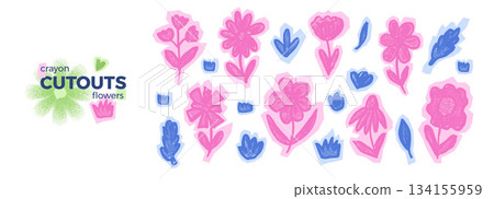 Paper scrapbook scribble cutouts flowers. Naive blue pink angular nature stickers. Set of nordic floral shapes with crayon textures. Girly spring holiday collage wildflower cutout. Vector illustration 134155959