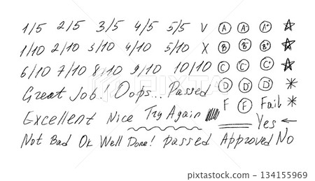 Hand-drawn school marks and exam grade symbols. Doodle pen checkmarks, circles, arrows and underlines. Teacher's handwriting elements with ink checks, crosses and plus signs for test scoring Hand-drawn school marks and exam grade symbols. Doodle pen checkmarks, circles, arrows and underlines. Teacher's handwriting elements with ink checks, crosses and plus signs for test scoring 134155969