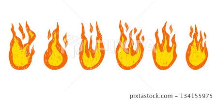 Pastel brush fire with grunge texture set. Doodle brush flame icons in vibrant colors. Bonfire stickers for collage projects. Simple grill spicy shapes. Vector naive punk rock element no background 134155975