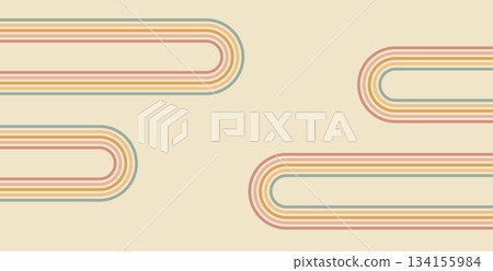Groove rainbow arch background. Wavy stripes vintage colors cover. Playful squiggle wave arch wall design. Vector retro beige wiggle ornament 134155984