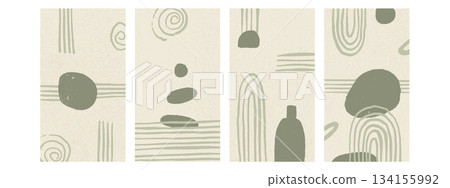 Boho olive wall poster set. Abstract japandi decoration interior design. Vector geometry shapes background zen aesthetic. Curve freehand lines on rice paper. Retro pebble and vase vector ornament 134155992