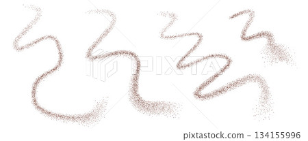 Coffee powder top view set. Grounded cocoa squiggles lines. Noise dark brown gradients fly curved shape. Grainy texture splash wavy long textured elements. Vector gritty wavy line isolate Coffee powder top view set. Grounded cocoa squiggles lines. Noise dark brown gradients fly curved shape. Grainy texture splash wavy long textured elements. Vector gritty wavy line isolate 134155996