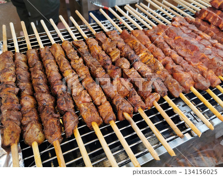 grilled souvlaki meat as nice food background 134156025