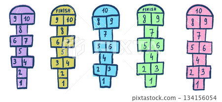 Hopscotch kids game chalk drawn outline set isolated on white background. Child-like playground outdoor entertainment. Kindergarten vector colorful crayon handwritten elements illustration 134156054