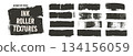 Set of black roller rough ink textures. Charcoal or paint brush strokes. Rectangle grunge text boxes. Wide brush stroke streaks set. Quotation boxes grange textures. Vector ink rolled border elements 134156059