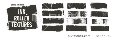 Set of black roller rough ink textures. Charcoal or paint brush strokes. Rectangle grunge text boxes. Wide brush stroke streaks set. Quotation boxes grange textures. Vector ink rolled border elements 134156059