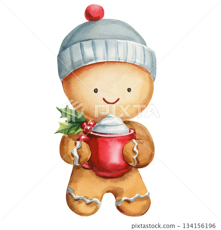 Gingerbread cookie with winter hat and hot cocoa mug watercolor Christmas illustration for cozy holiday cards 134156196
