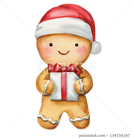 Gingerbread cookie with Santa hat and gift box watercolor cute Christmas character for holiday cards 134156197