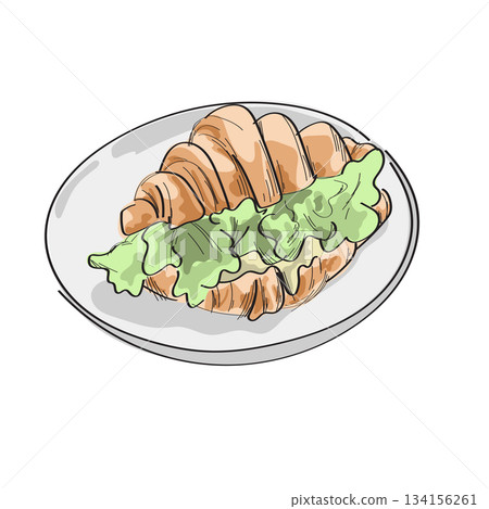 croissant sandwich with vegetable on dish illustration vector sketch with black lines 134156261