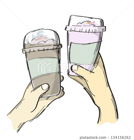 two hand holding a refreshing iced coffee drink illustration vector sketch with black lines 134156262