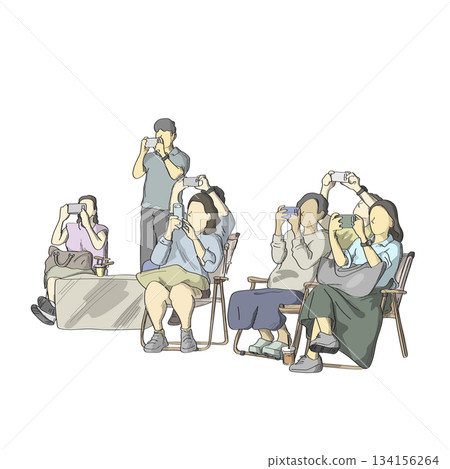 group of seven people taking photo with smartphone illustration vector sketch with black lines group of seven people taking photo with smartphone illustration vector sketch with black lines 134156264